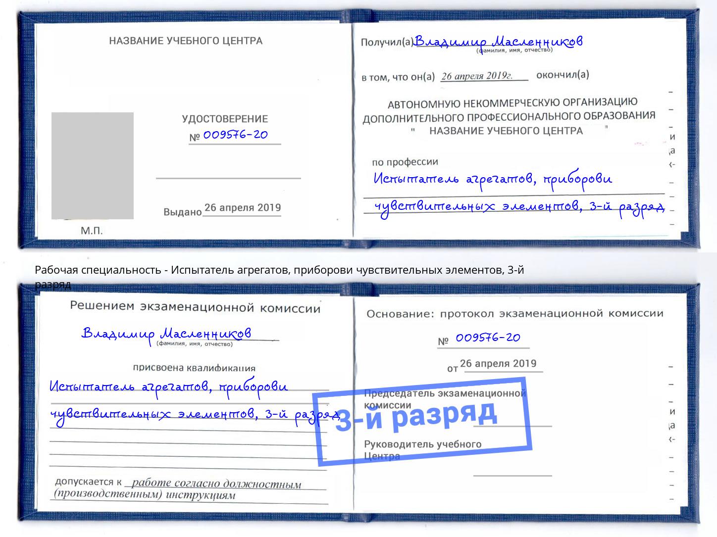 корочка 3-й разряд Испытатель агрегатов, приборови чувствительных элементов Сокол