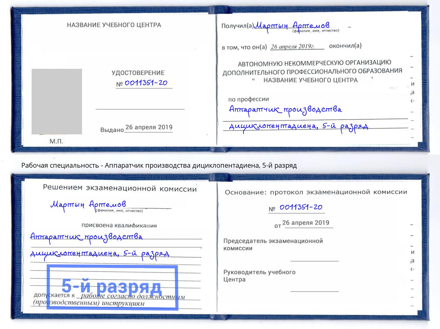 корочка 5-й разряд Аппаратчик производства дициклопентадиена Сокол