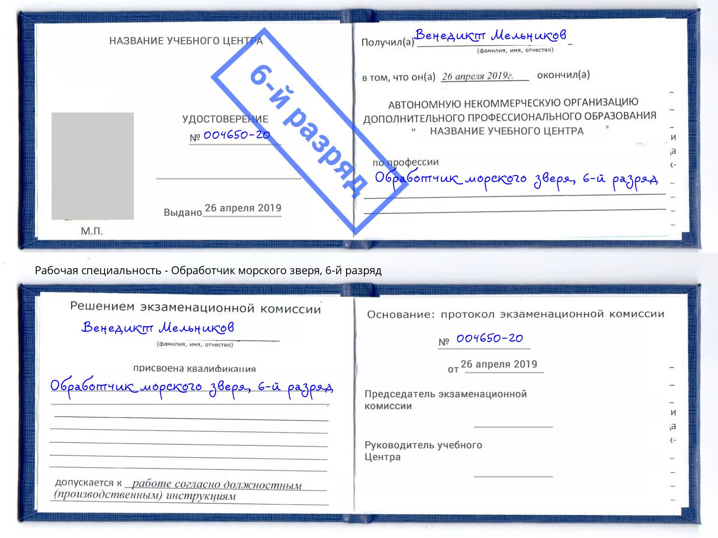 корочка 6-й разряд Обработчик морского зверя Сокол