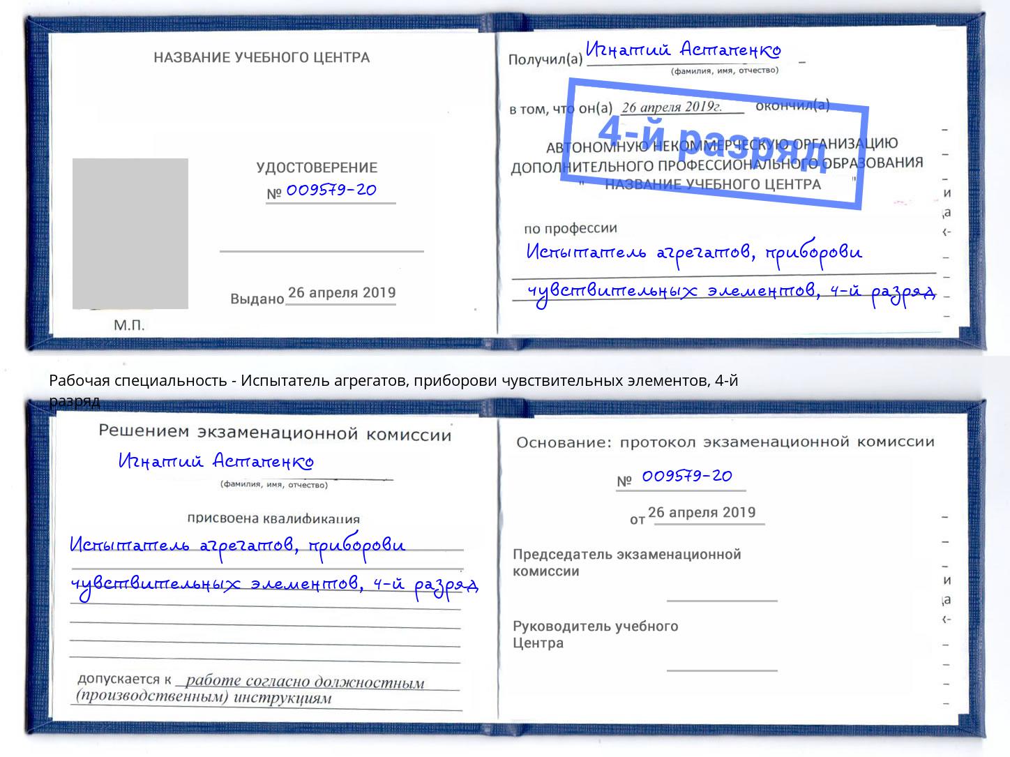 корочка 4-й разряд Испытатель агрегатов, приборови чувствительных элементов Сокол