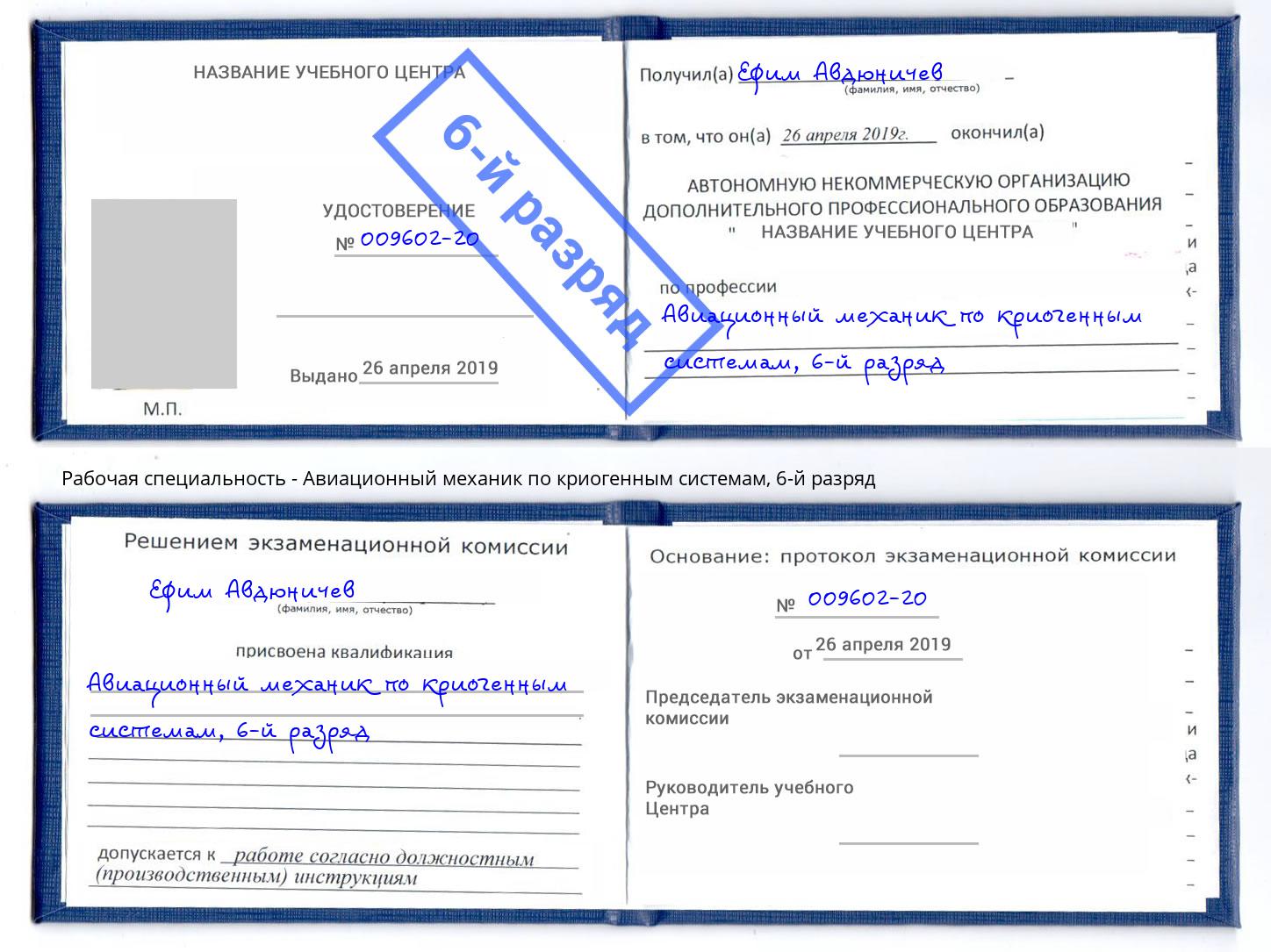 корочка 6-й разряд Авиационный механик по криогенным системам Сокол