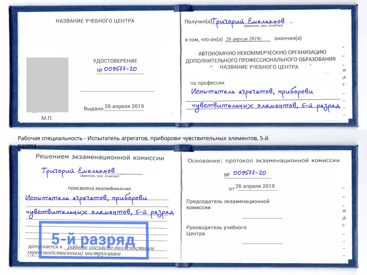 корочка 5-й разряд Испытатель агрегатов, приборови чувствительных элементов Сокол