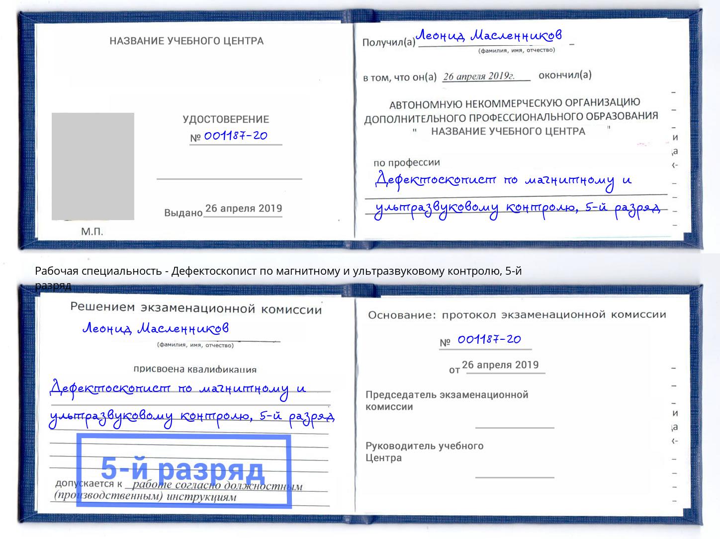 корочка 5-й разряд Дефектоскопист по магнитному и ультразвуковому контролю Сокол