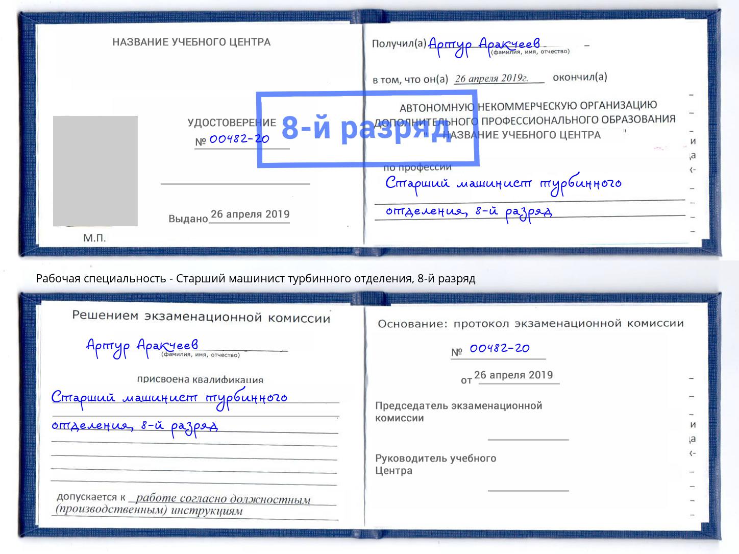 корочка 8-й разряд Старший машинист турбинного отделения Сокол