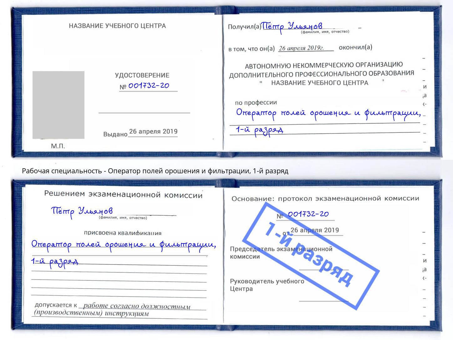 корочка 1-й разряд Оператор полей орошения и фильтрации Сокол