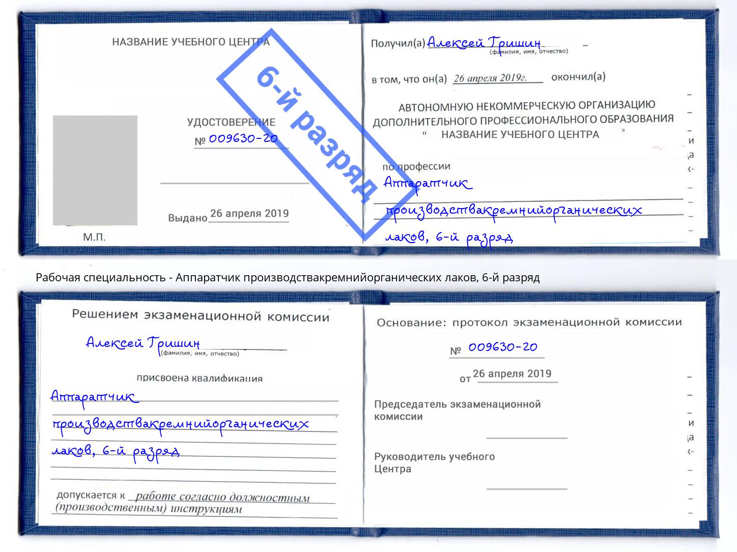 корочка 6-й разряд Аппаратчик производствакремнийорганических лаков Сокол