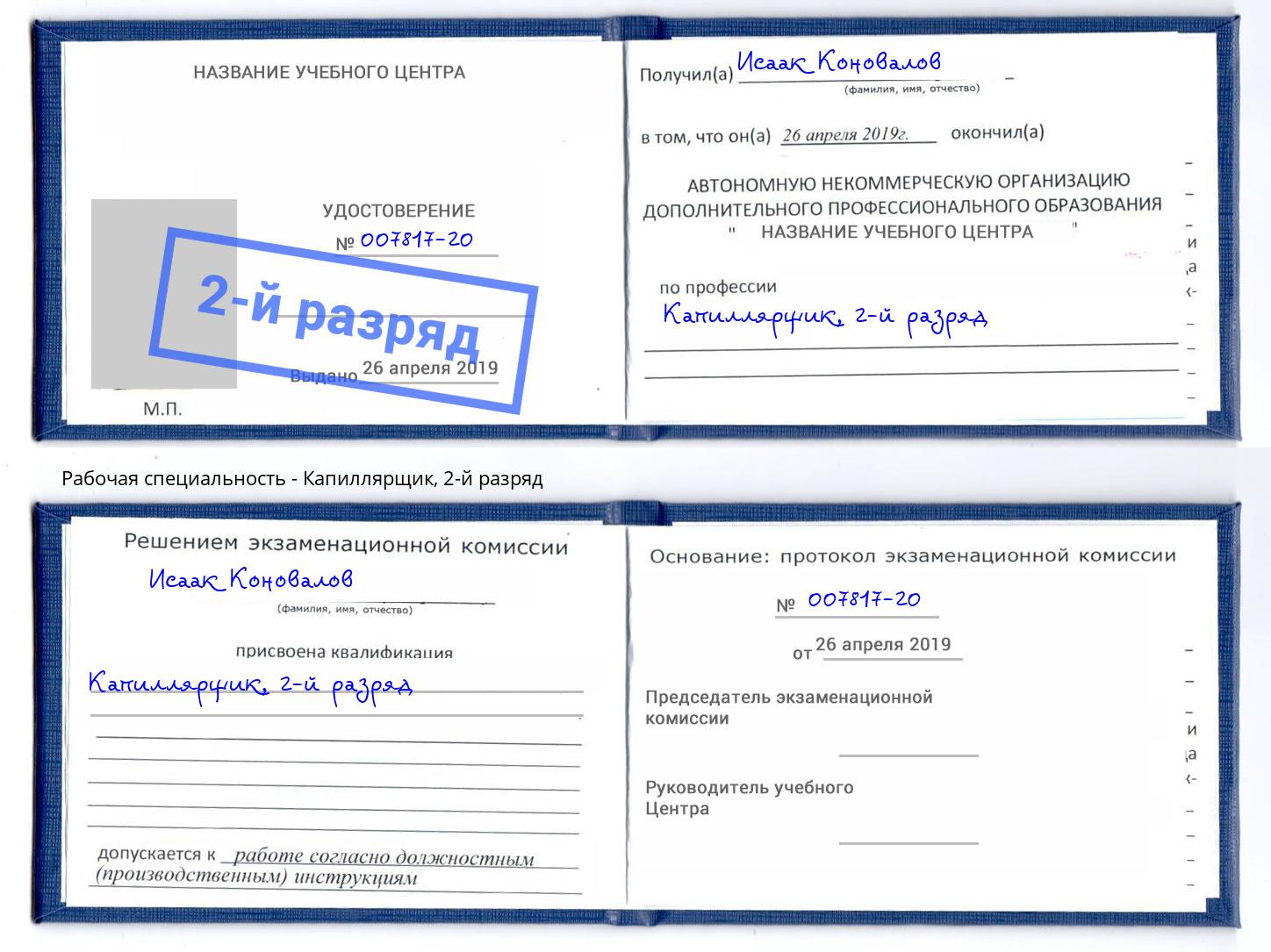 корочка 2-й разряд Капиллярщик Сокол