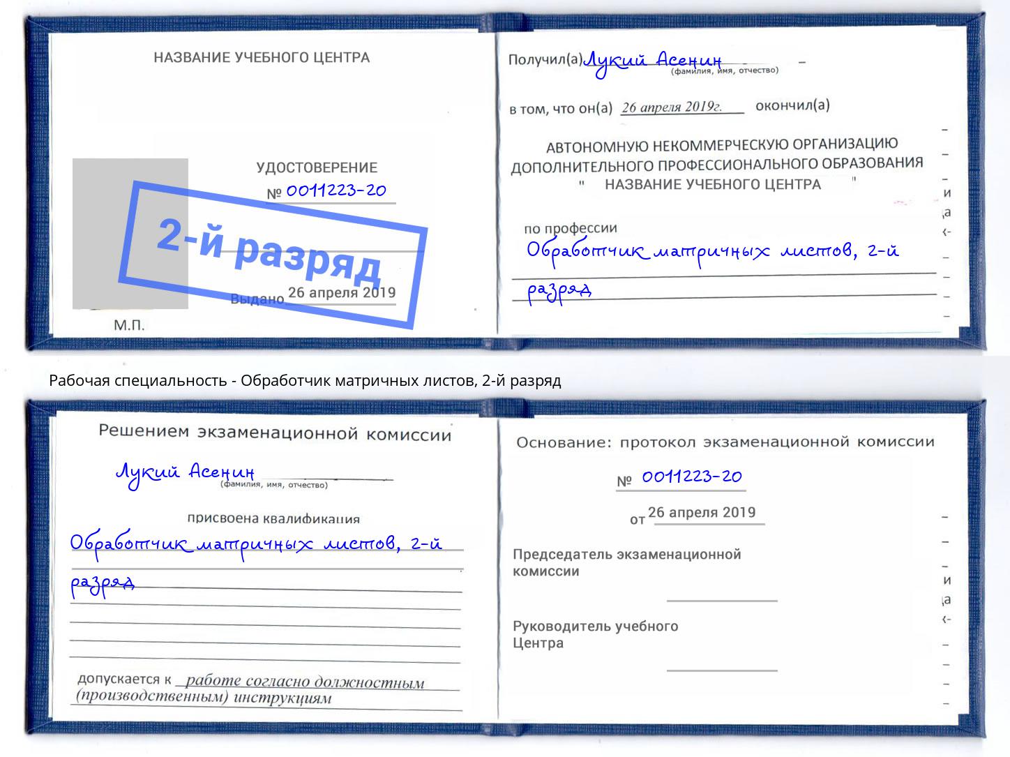 корочка 2-й разряд Обработчик матричных листов Сокол