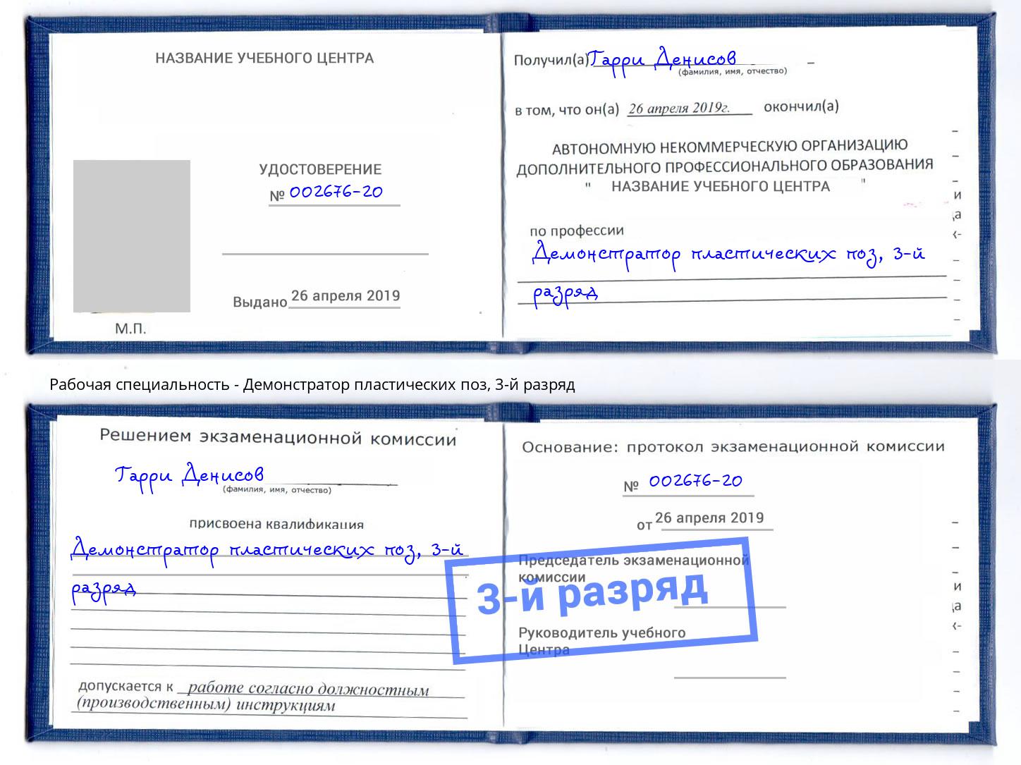 корочка 3-й разряд Демонстратор пластических поз Сокол