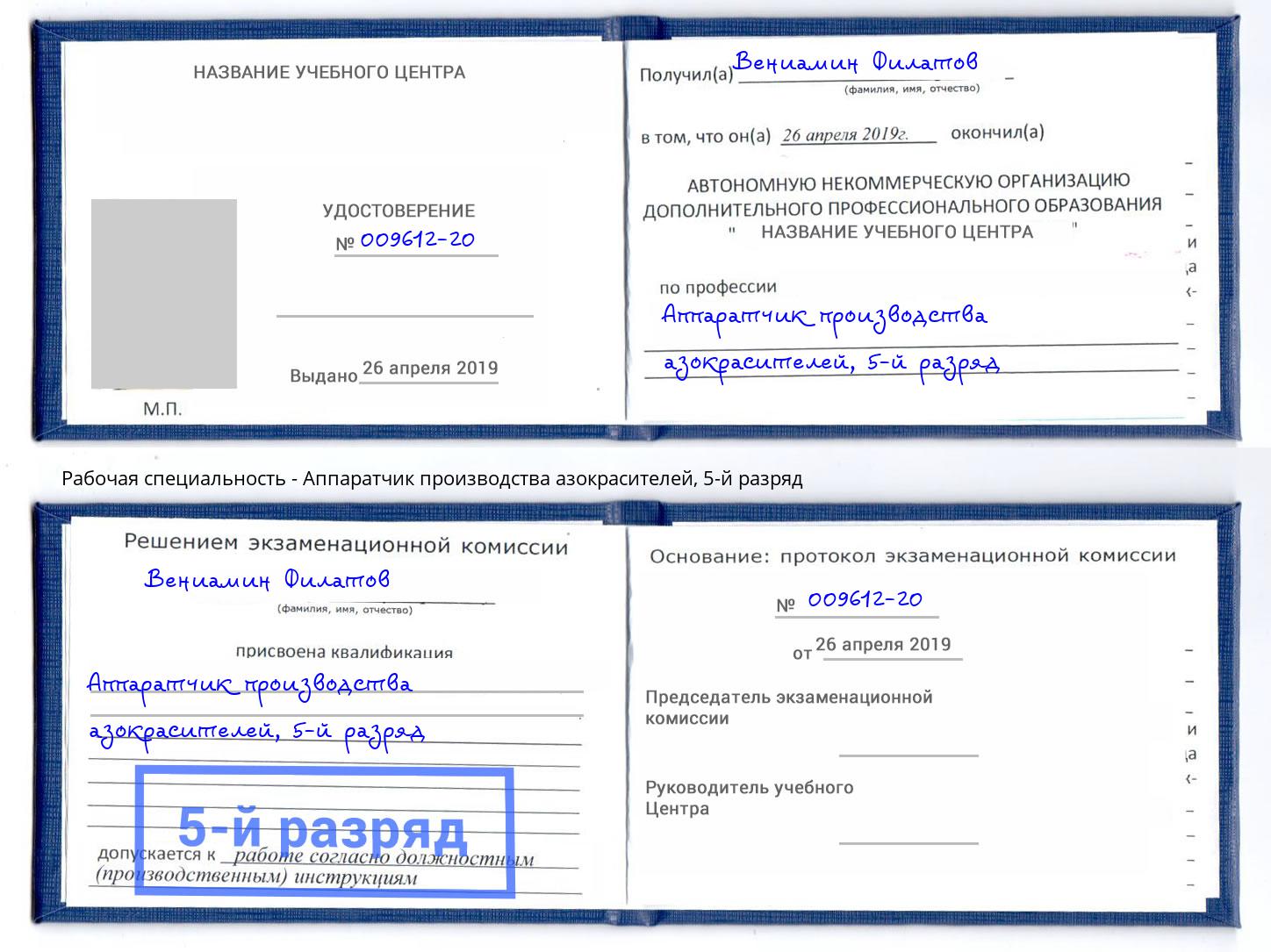 корочка 5-й разряд Аппаратчик производства азокрасителей Сокол