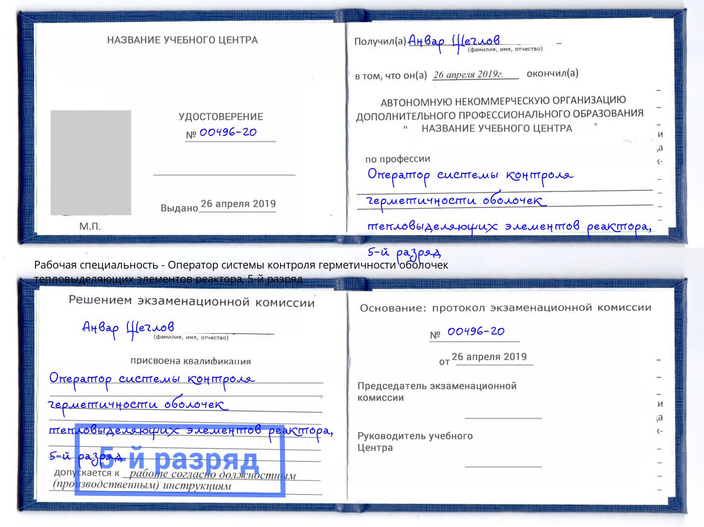 корочка 5-й разряд Оператор системы контроля герметичности оболочек тепловыделяющих элементов реактора Сокол