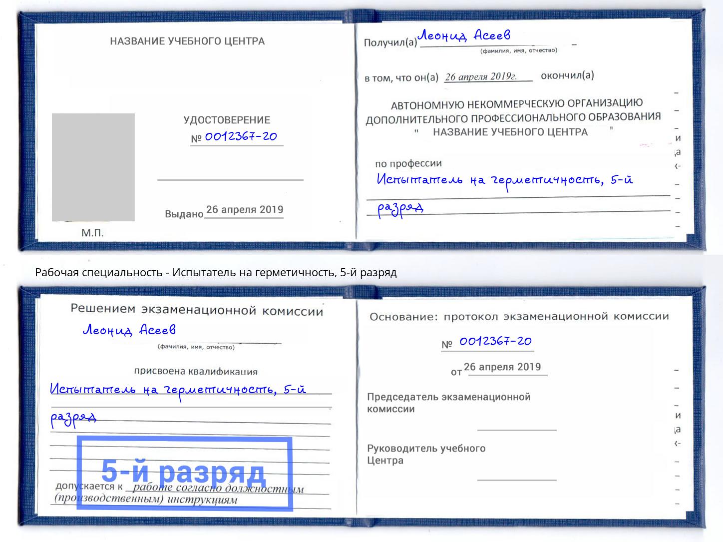 корочка 5-й разряд Испытатель на герметичность Сокол