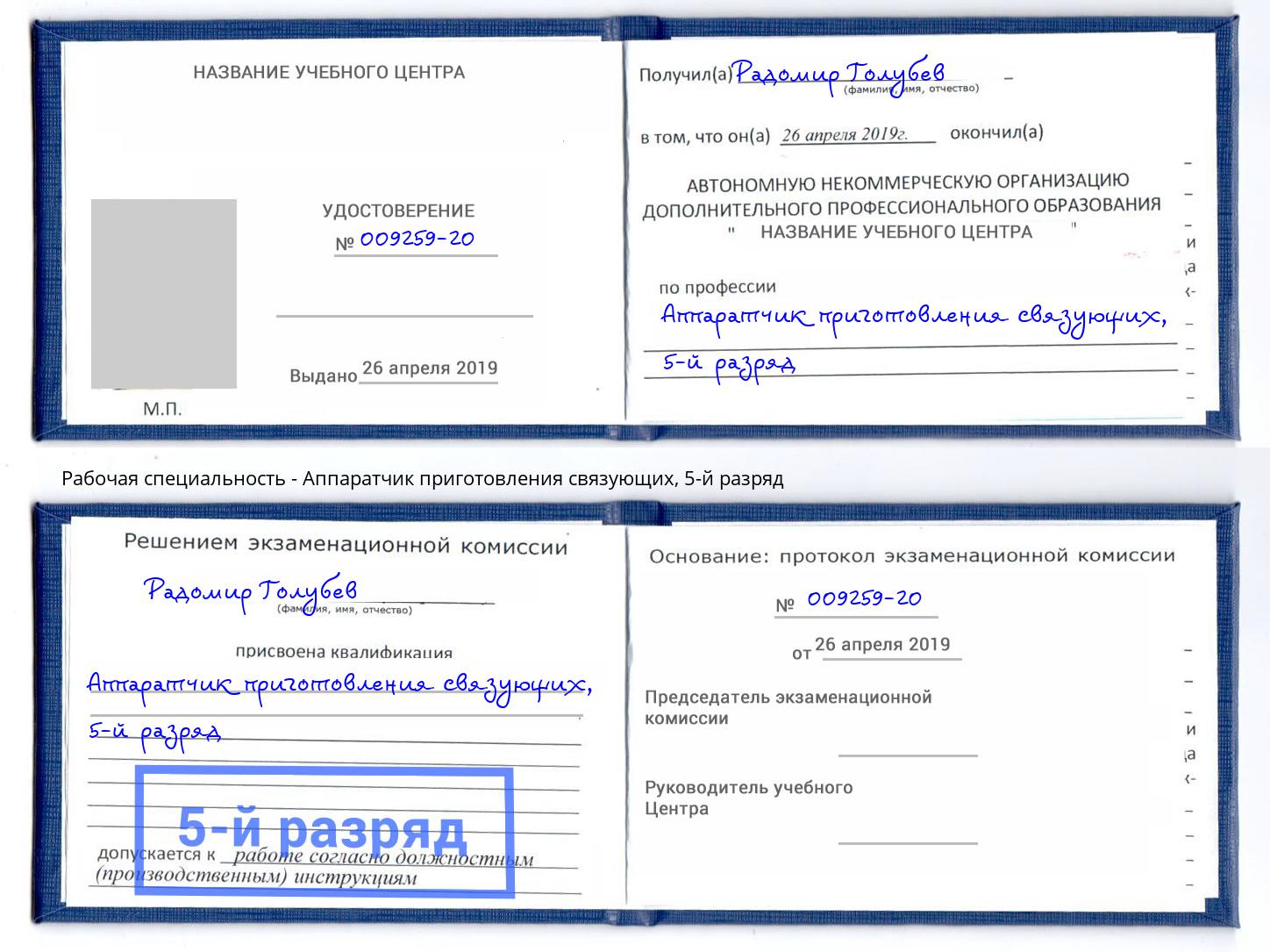 корочка 5-й разряд Аппаратчик приготовления связующих Сокол