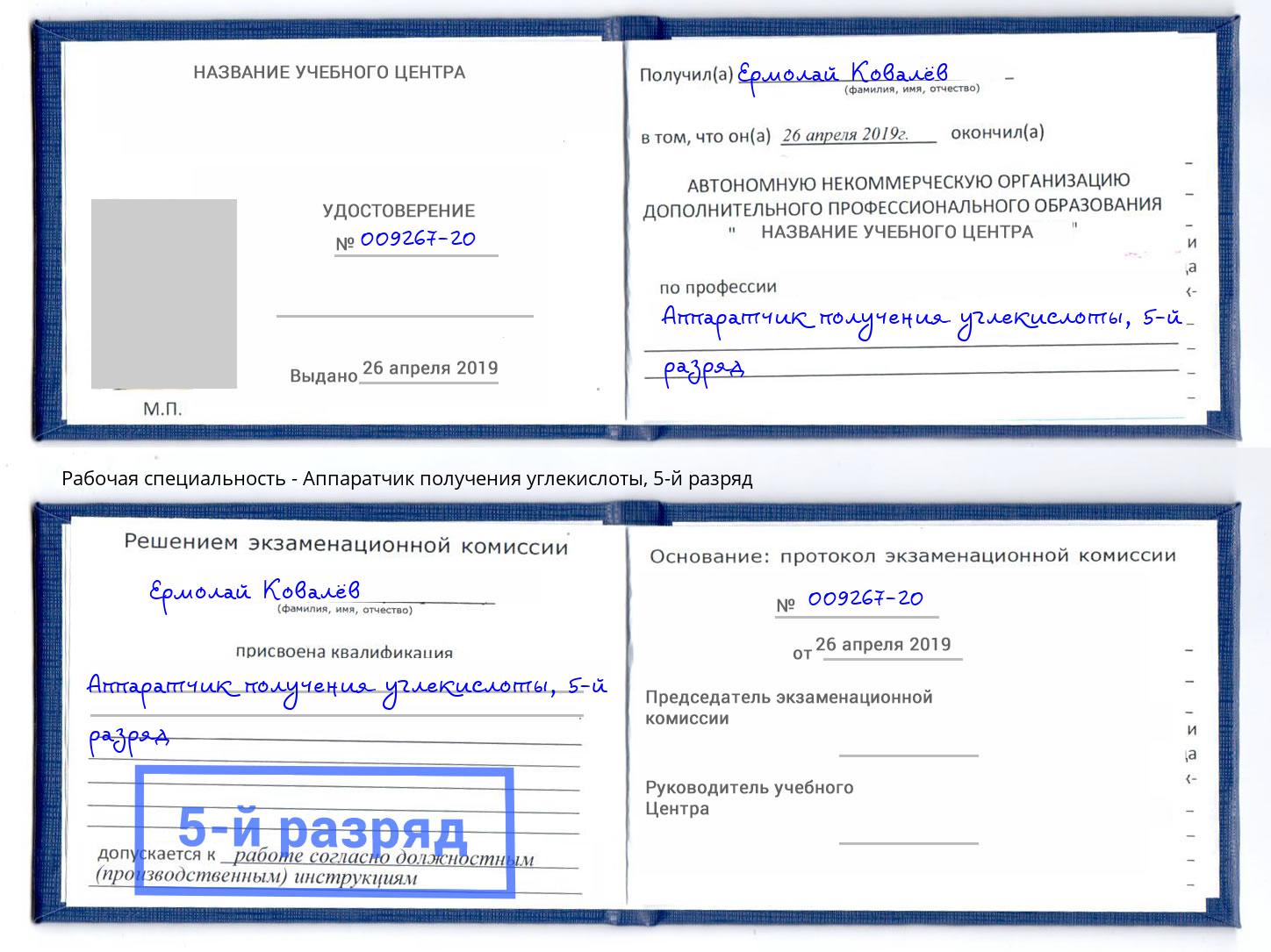 корочка 5-й разряд Аппаратчик получения углекислоты Сокол
