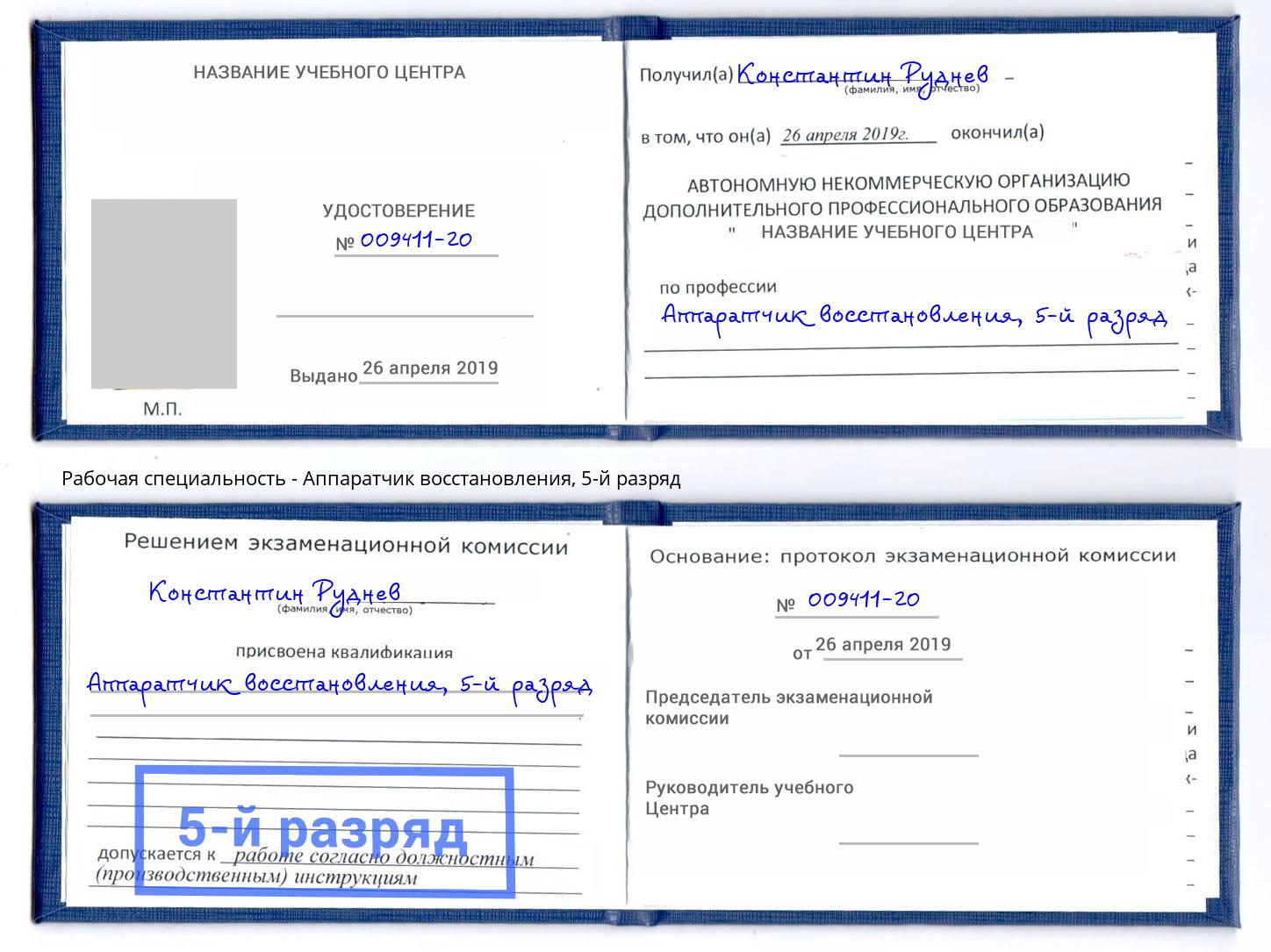 корочка 5-й разряд Аппаратчик восстановления Сокол