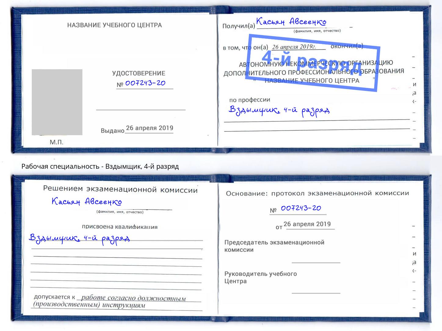 корочка 4-й разряд Вздымщик Сокол