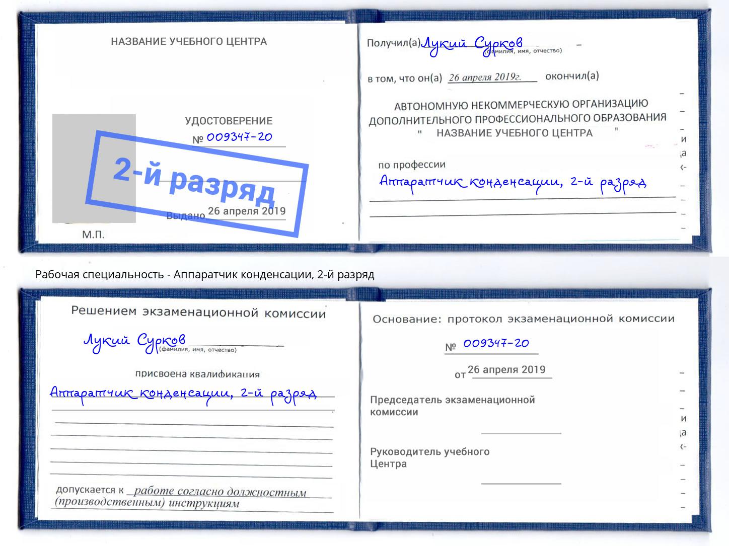 корочка 2-й разряд Аппаратчик конденсации Сокол